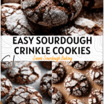 Close-up of soft chocolate sourdough discard crinkle cookies with powdered sugar cracks on a baking tray.